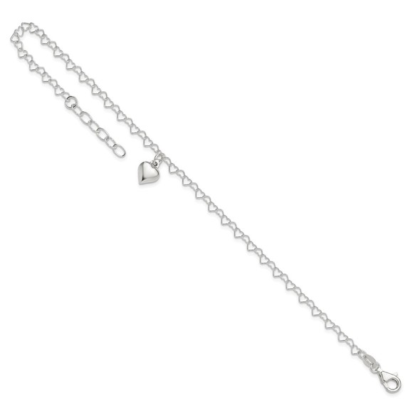925 Sterling Silver Fancy Link Puffed Heart Charm 9 " + 1" ext. Jewelry Anklet - Picture 7 of 7